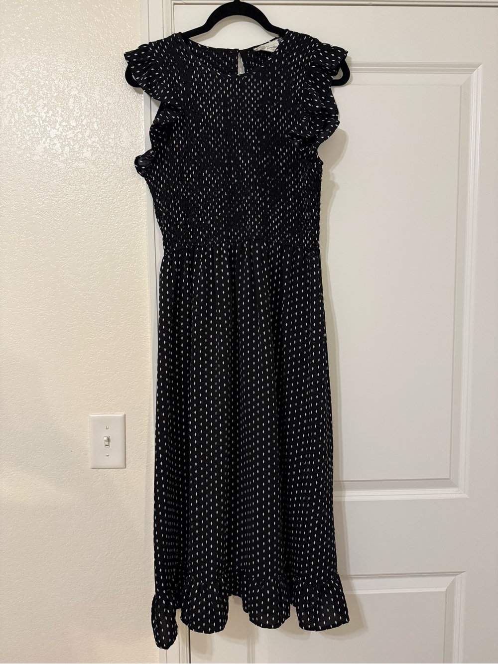 Black Polka Dot Midi Dress with Ruffle Sleeves